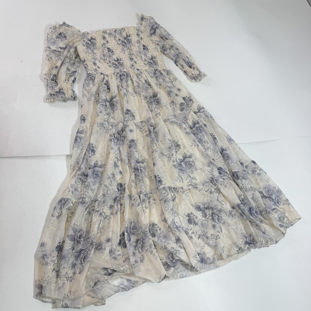 Baltic Born Dress Womens Medium White Floral Off Shoulder Smocked Chiffon Maxi - Picture 11 of 12